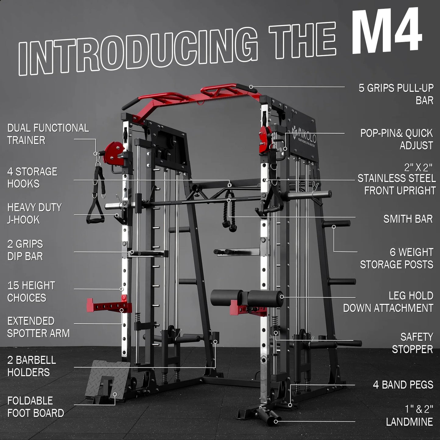 Smith Machine Home Gym, 2200 Lbs Power Rack Cage with 800 Lbs Weight Bench and Cable Crossover System, Weight Bar, 360° Landmine, Home Gym