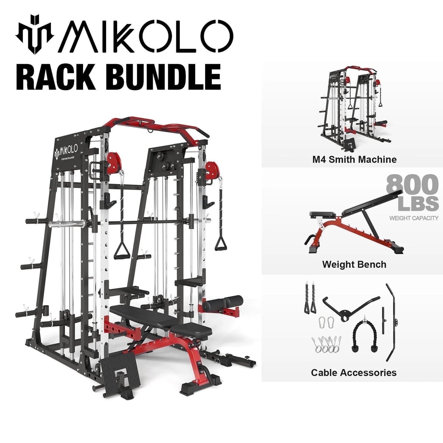 Smith Machine Home Gym, 2200 Lbs Power Rack Cage with 800 Lbs Weight Bench and Cable Crossover System, Weight Bar, 360° Landmine, Home Gym