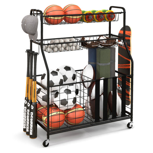 Garage Sports Equipment Organizer with Hooks & Baskets for Basketball