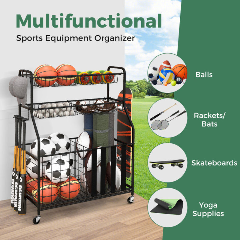 Garage Sports Equipment Organizer with Hooks & Baskets for Basketball